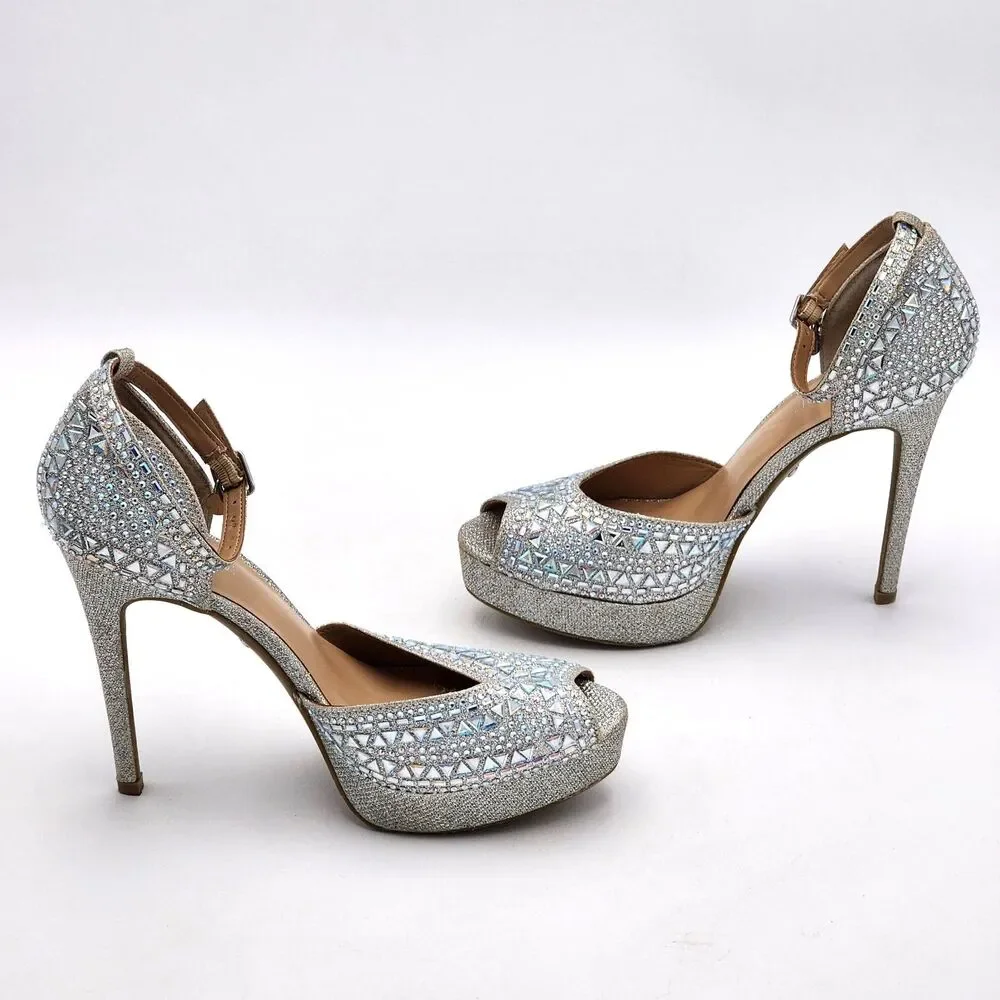 Thalia Sodi Chace Rhinestone Bling Peep Toe Platform Heels Glam Prom Size 8.5